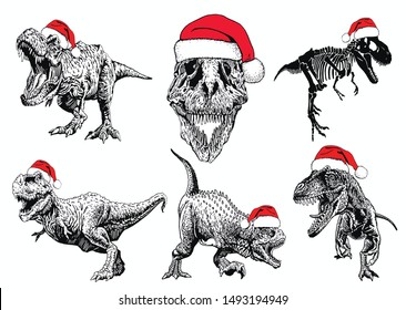 Graphical set of dinosaurs in Santa Claus hat,new year illustration