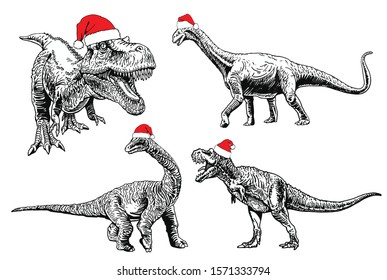 Graphical set of dinosaurs in Santa Claus hats isolated on white background,vector illustration