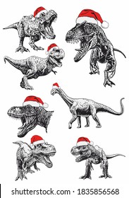 Graphical set of dinosaurs  in Santa Claus hat isolated on white background,vector sketch,New Year illustration
