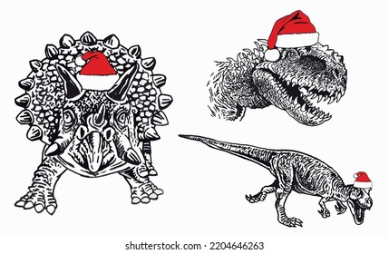 Graphical set of dinosaurs in Santa Claus hats isolated on white background,vector illustration. Christmas  elements