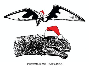 Graphical set of dinosaurs in Santa Claus hats isolated on white background,vector illustration. Christmas  elements