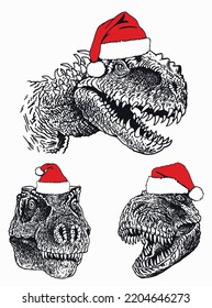 Graphical set of dinosaurs in Santa Claus hats isolated on white background,vector illustration. Christmas  elements
