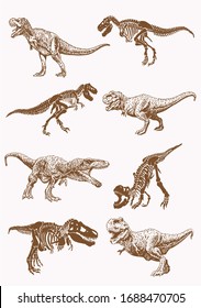 Graphical set of dinosaurs, sepia vector illustration