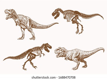 Graphical set of dinosaurs, sepia vector illustration