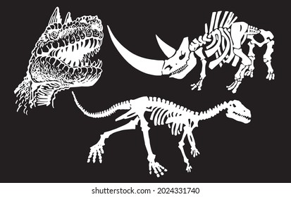 Graphical set of dinosaurs and skeleton of rhino isolated on black background