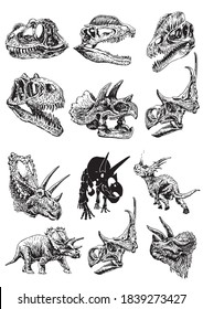 Graphical set of dinosaurs and skulls  isolated on white background,vector illustration