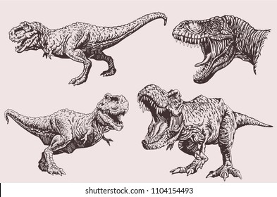 Graphical set of dinosaurs ,vintage illustration,sepia