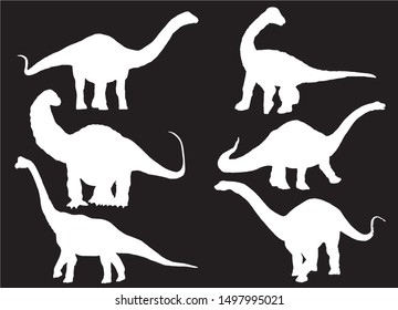 Graphical set of diplodocus silhouettes isolated on black,vector engraved illustration,dinosaur