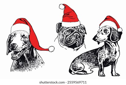 Graphical set of dogs in red Santa Claus hats on white background,vector illustration.	