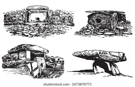 Graphical set of dolmens from Caucasus , Korea, India on white background,vector illustration