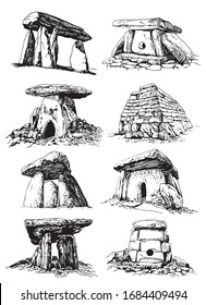 Graphical set of dolmens isolated on white background, vector illustration, religion