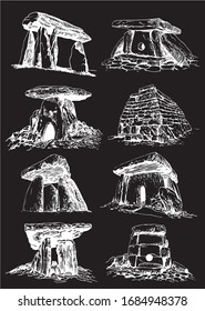Graphical set of dolmens isolated on black background, vector illustration, religion