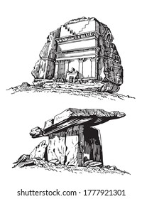 Graphical set of dolmens isolated on white background, vector illustration,stone age	
