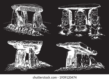 Conjunto gráfico de dolmens sobre fondo negro, ruinas vectoriales 