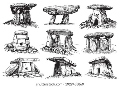 Graphical set of dolmens on white background,vector ruins