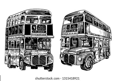 Graphical set of double decker buses isolated on white background,vector sketch ,London transport