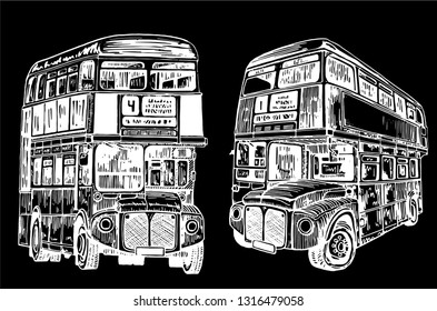 Graphical set of double decker buses isolated on black background,vector sketch ,London transport