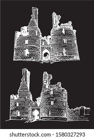 Graphical set of dunstanburgh castles isolated on black background,vector engraved illustration,Great Britain 