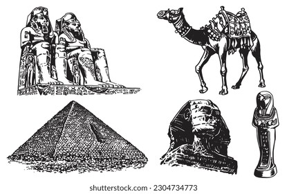 Graphical set of Egypt landmarks isolated on white, vector illustration. 