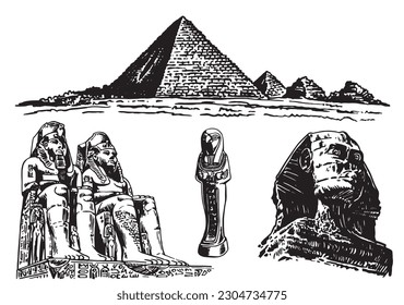 Graphical set of Egypt landmarks isolated on white, vector illustration. 