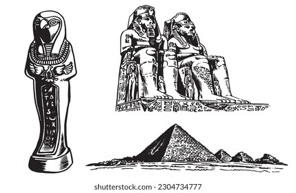 Graphical set of Egypt landmarks isolated on white, vector illustration. 