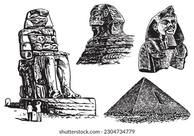 Graphical set of Egypt landmarks isolated on white, vector illustration. 