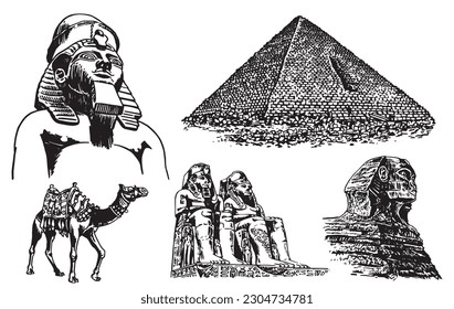 Graphical set of Egypt landmarks isolated on white, vector illustration. 