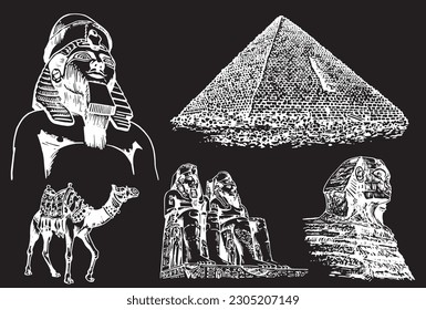 Graphical set of Egypt landmarks isolated on black, vector engraved illustration. 