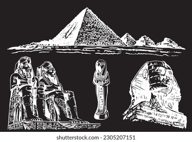 Graphical set of Egypt landmarks isolated on black, vector engraved illustration. 