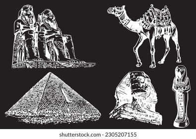 Graphical set of Egypt landmarks isolated on black, vector engraved illustration. 