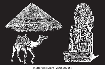 Graphical set of Egypt landmarks isolated on black, vector engraved illustration. 
