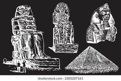 Graphical set of Egypt landmarks isolated on black, vector engraved illustration. 