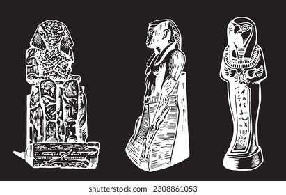 Graphical set of Egypt landmarks. Vector element of God ptah,  Pharaoh and Colossi of Memnonm isolated on black