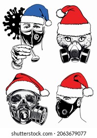 Graphical set of elements in Santa Claus hats and protective masks, covid 19, delta virus protection, vector illustration