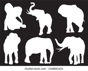 Graphical set of elephant silhouettes isolated on black background,vector illustration