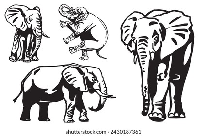 Graphical set of elephants on white, ink pen illustration, tattoo , logo, design for printing