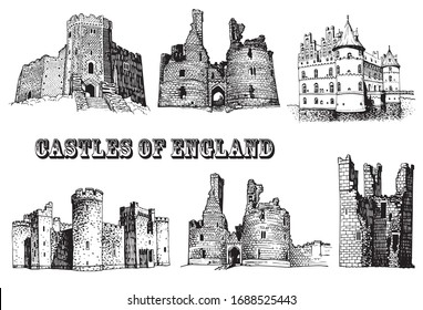 Graphical set of England castles isolated on white background,vector illustration