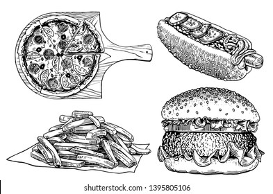 Graphical set of fast food isolated on white, vector sketch