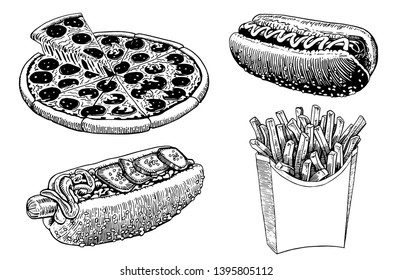 Graphical set of fast food isolated on white, vector sketch