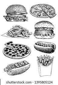 Graphical set of fast food isolated on white, vector sketch