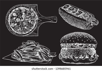Graphical set of fast food isolated on black, vector sketch