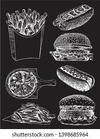 Graphical set of fast food isolated on black, vector sketch