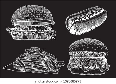 Graphical set of fast food isolated on black, vector sketch