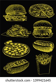 Graphical set of fast food isolated on black, vector sketch