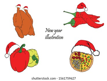 Graphical set of food in Santa Claus hats isolated on white background, new year vector illustration 