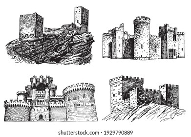 Graphical set of fortresses isolated on white background,vector elements of architecture