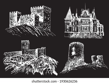 Graphical set of fortresses isolated on black background,vector elements of architecture. Vector illustration