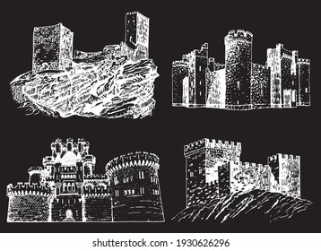 Graphical set of fortresses isolated on black background,vector elements of architecture. Vector illustration