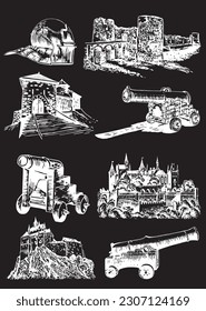 Conjunto gráfico de fortalezas y pistolas medievales aisladas sobre fondo negro. Ilustración grabada por vectores, arquitectura