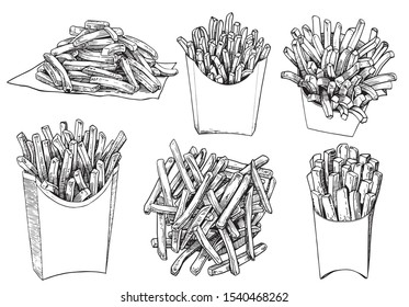 Graphical set of french fries isolated on white background,vector illustration, junk food	
